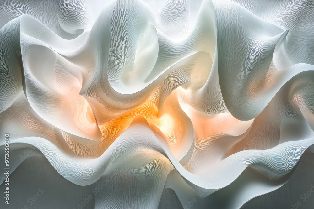 Poster a close-up of beautifully flowing, light-white fabric with a warm glow emanating from the center, cr