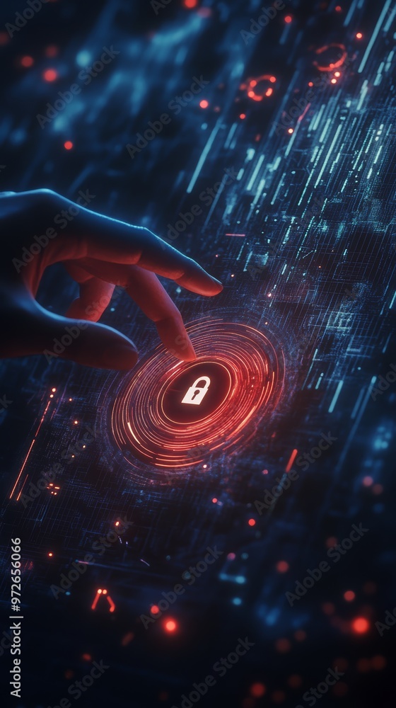 Poster Hand touching a glowing padlock symbol on a futuristic digital interface. Cybersecurity and data protection concept.