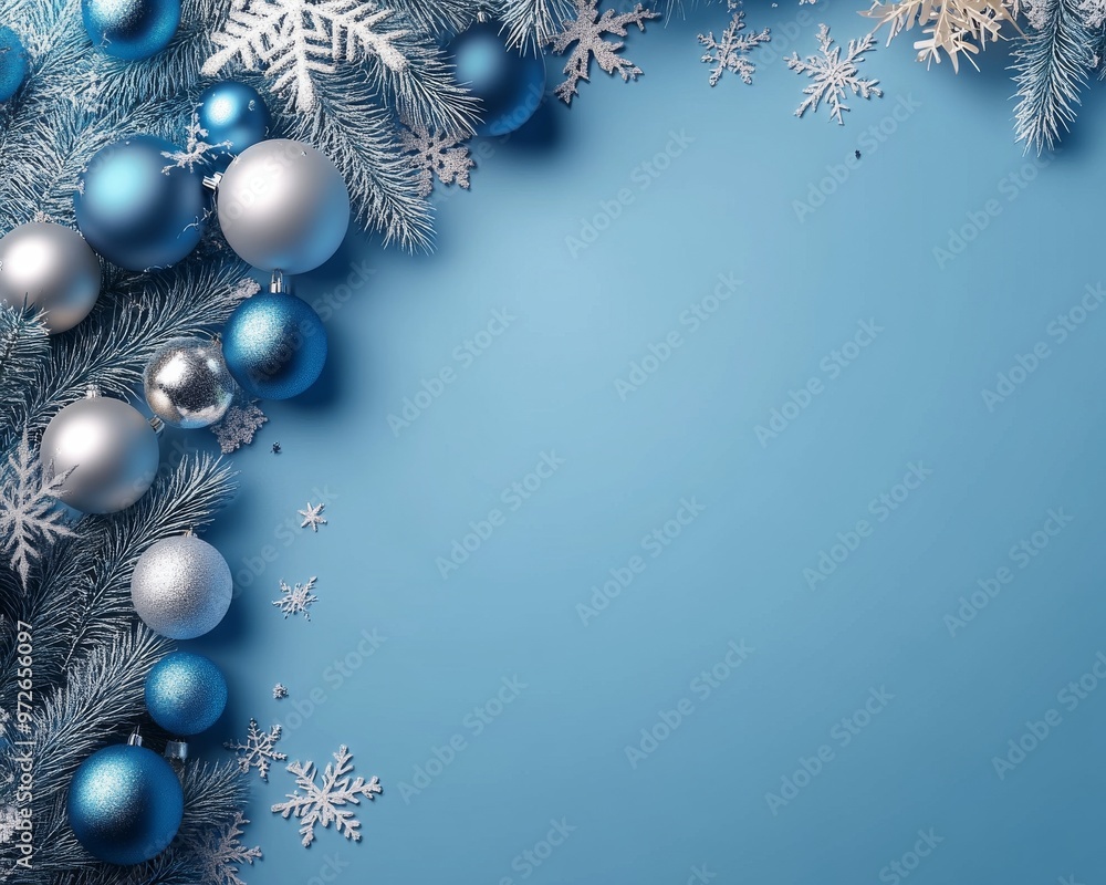 Wall mural Christmas blue background with Christmas balls and decorations located on the left side