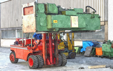 A red forklift carefully transports a large green honing machine machine across the yard. The driver expertly maneuvers the equipment to ensure the load remains stable and secure....