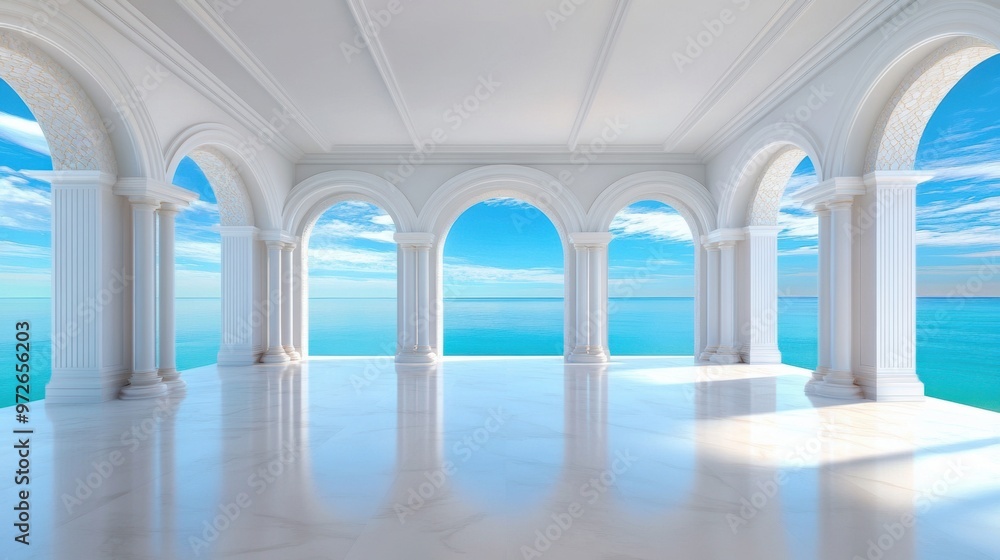 Poster a large room with columns and a view of the ocean, ai