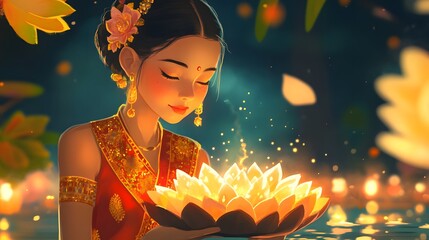 A close-up of a young woman holding a krathong