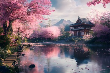 A serene Japanese temple garden in spring, with cherry blossoms during Higan