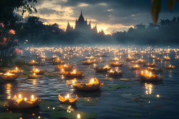 A riverside scene during Loi Krathong, with hundreds of floating krathongs