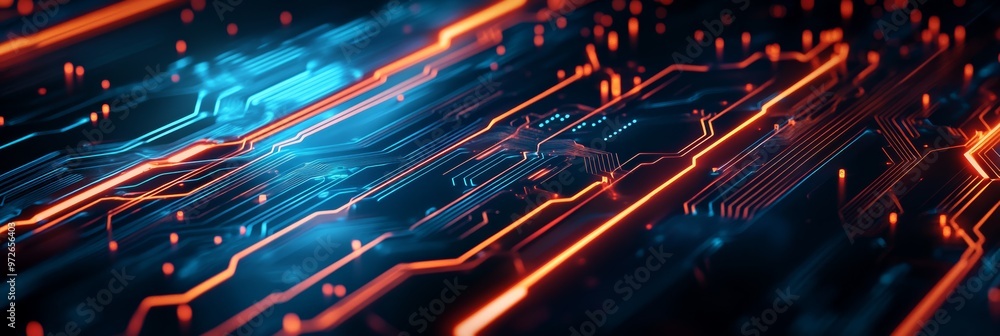Poster Futuristic blue and orange circuit board with illuminated data pathways. High-tech concept for data transmission and digital networks.
