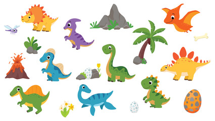 Obraz premium Set of cute dinosaur cartoon, isolated on white background