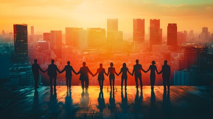 Fototapeta premium Silhouetted Figures Holding Hands with Cityscape Background at Sunset
