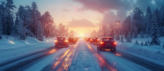 Fototapeta premium Snowy Forest Road at Sunset with Cars