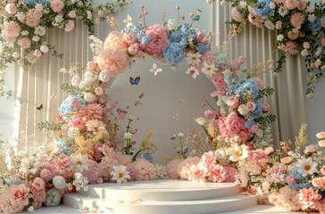 A vibrant floral arch adorned with pastel blossoms, surrounded by soft drapes, showcasing an enchanting decor perfect for weddings or special events in a bright, inviting space