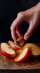Photorealism of A close-up of hands dipping apple slices into honey