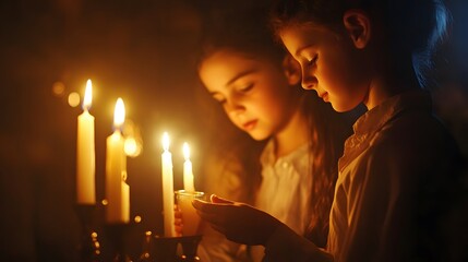 Surrealism of A family lighting candles at the beginning of Rosh Hashanah, with the soft glow creating a peaceful and sacred atmosphere