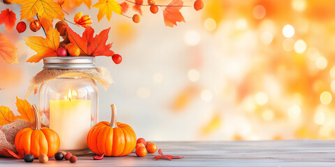 Rustic mason jar lantern filled with pumpkins and leaves, flickering candle on burlap
