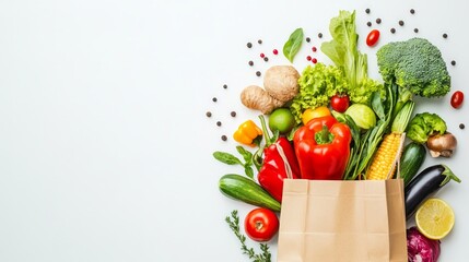 Healthy food background. Healthy food in paper bag vegetables and fruits on white. Food delivery, shopping food supermarket concept