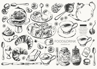 Hand drawn vector food ink sketch illustration. Tea, coffee, breakfast croissant, egg, butter, sweet dessert, cake stand, teapot, cup, sieve, sugar bowl, sandwiches