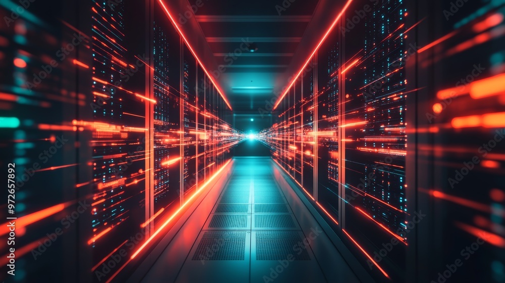 Poster A glowing data center with dynamic light trails and server racks, symbolizing data transmission and cloud infrastructure.