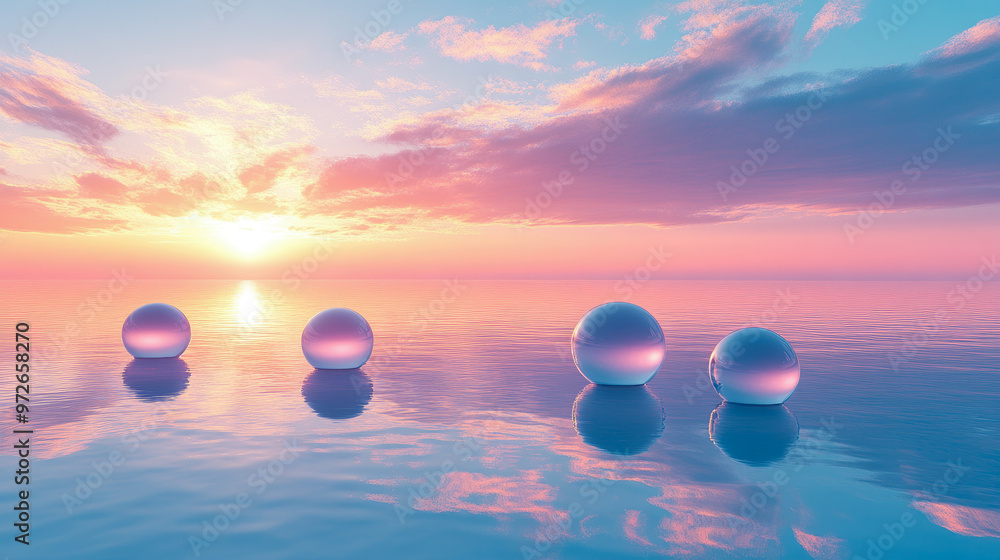 Poster reflective spheres float on a calm ocean surface during sunset, creating a tranquil and surreal scen