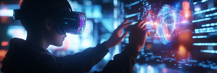 Person wearing VR headset interacting with a futuristic interface displaying a glowing digital globe. Virtual reality and digital interaction concept.