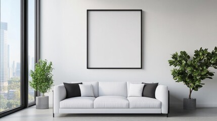 Contemporary living room with floortoceiling windows, frame mockup on wall, 3D illustration