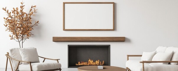 Cozy living room, frame mockup above a fireplace, rustic wood decor, 3D illustration
