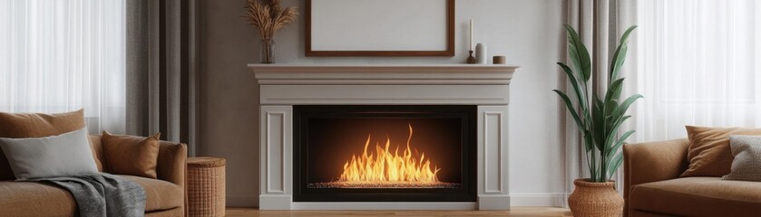 Cozy living room with fireplace, frame mockup above mantle, warm ambiance, 3D illustration