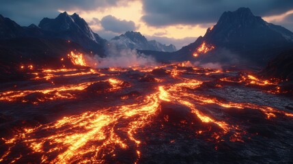 Fototapeta premium A dramatic view of a volcano erupting with lava streams and smoke