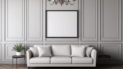 Elegant living room with chandelier, frame mockup on paneled wall, classic decor, 3D illustration