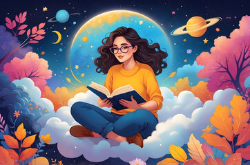A young woman with glasses reading a book on a cloud in a dreamy, cosmic landscape with planets and stars.
