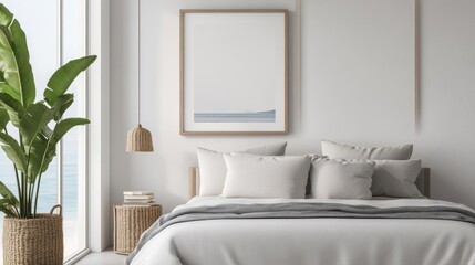 Beachthemed bedroom, frame mockup with ocean view, light and airy linens, 3D illustration