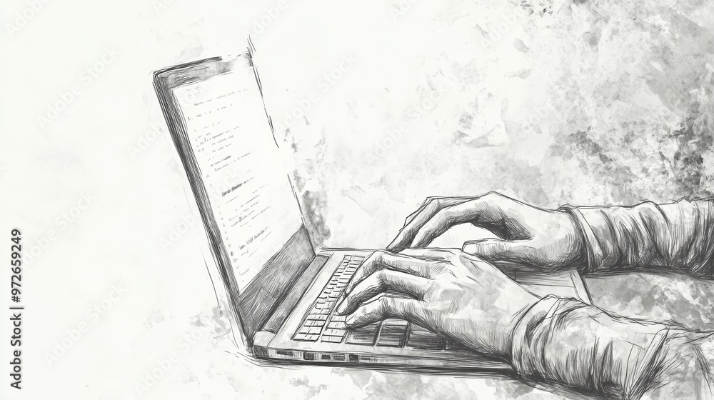 Aufkleber Side view of hands typing on a laptop with text on the screen, drawn in sketch style. Represents coding or IT work.