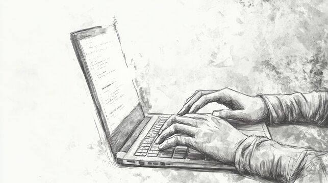 Side view of hands typing on a laptop with text on the screen, drawn in sketch style. Represents coding or IT work.