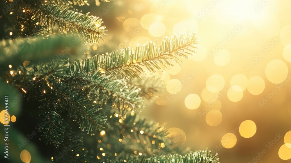 Poster close-up of christmas tree branches shimmering in soft golden light, creating a warm and festive atm