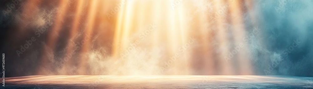 Poster a serene landscape with dramatic light rays illuminating a tranquil surface, creating a peaceful and