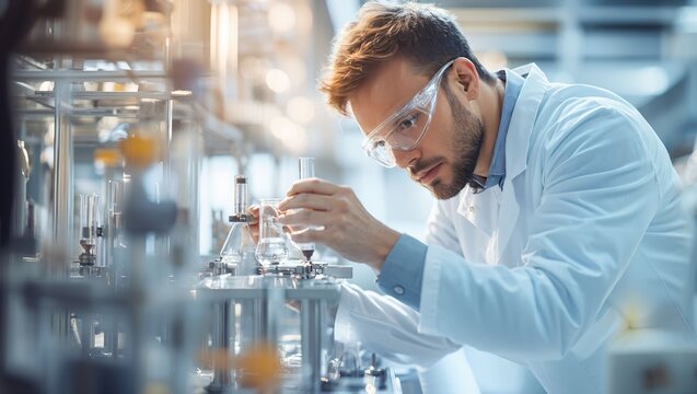 A scientist in a lab coat meticulously examines test tubes and glassware, embodying the essence of research and discovery in a modern laboratory environment. - Powered by Adobe
