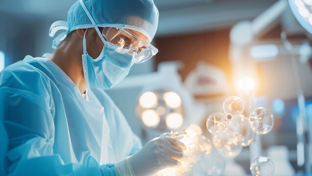 A dedicated healthcare professional meticulously preparing for a critical procedure in a modern surgical setting, showcasing precision, focus, and commitment to patient care.