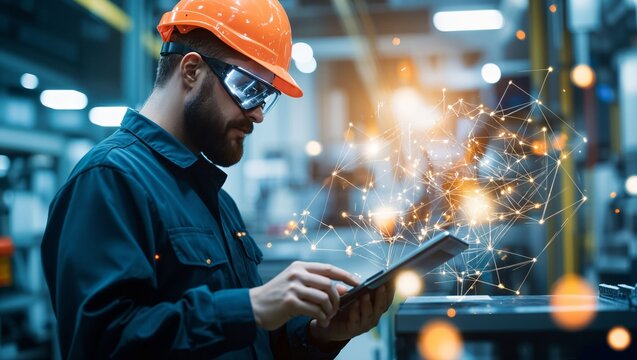 A focused industrial worker engages with advanced technology while surrounded by an innovative, bustling environment, showcasing a blend of expertise and modernity.