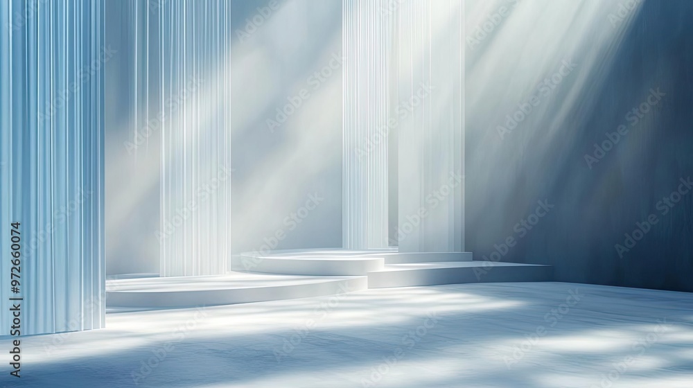 Poster a serene interior scene featuring elegant columns and soft light beams, creating a tranquil and time