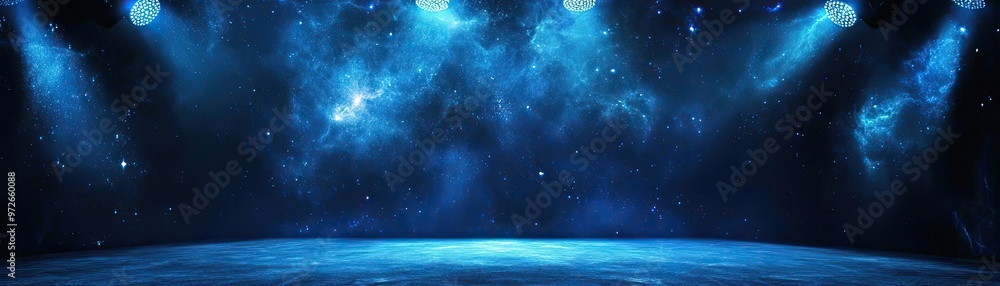 Poster a stunning blue stage illuminated by soft lights, perfect for showcasing performances or creating an