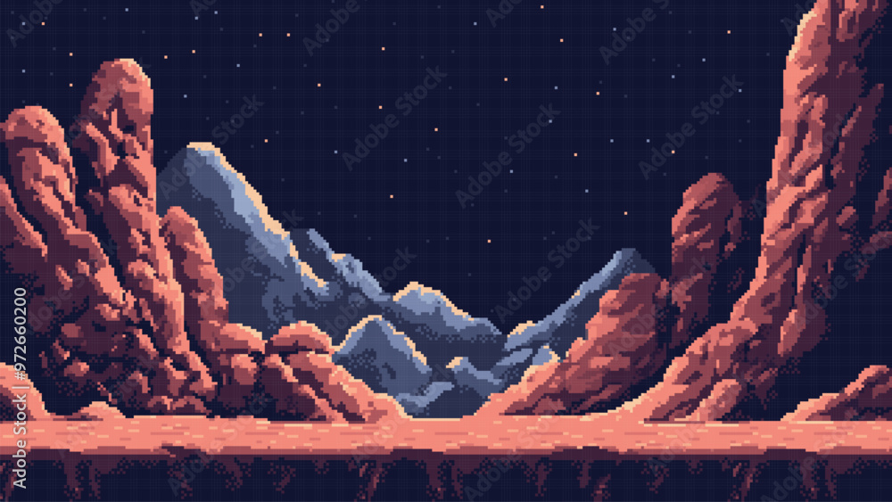 Poster pixel art space game level background, 8 bit retro style video game. Planet surface with rocks. Starry sky. Vector illustration
