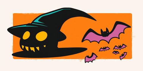 Edgy Halloween Artwork motif featuring scary jack o lantern pumpkin wearing witch's hat and colorful pink bats on an orange background
