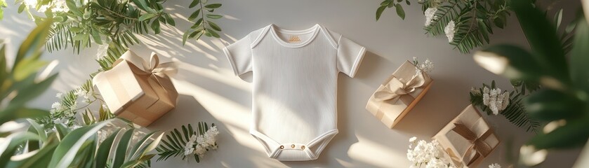 A minimalist baby onesie surrounded by gift boxes and greenery, perfect for showcasing newborn clothing and gift ideas.