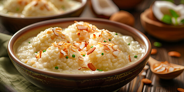 Rice Pudding: a creamy and comforting dessert tpped with toasted coconut and sliced almonds for crunch.&nbsp;