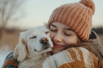 A content woman in a beanie hugging her relaxed dog with a serene expression, depicting a strong bond of warmth, companionship, and pure joy on a winter day.