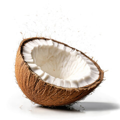 Coconut with cracked shell and white flesh exposed in dynamic splash Food and culinary concept -1