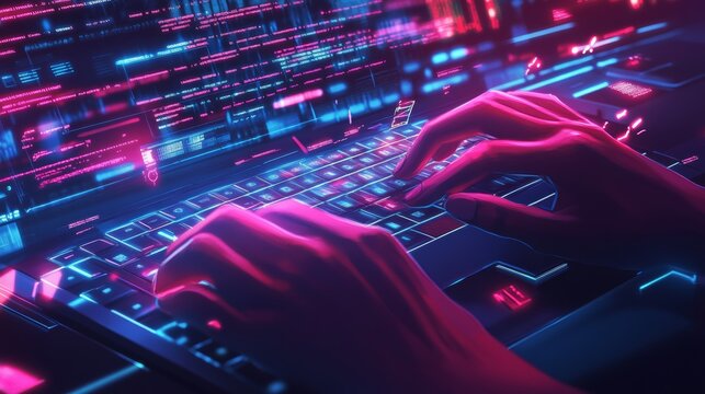 Close-up of hands typing on a glowing keyboard with neon blue and pink code streams. Represents energy and focus in coding.