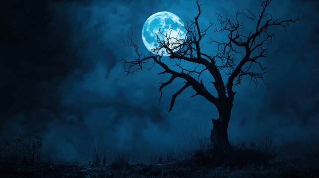 Spooky halloween background with silhouette dead tree at night full moon