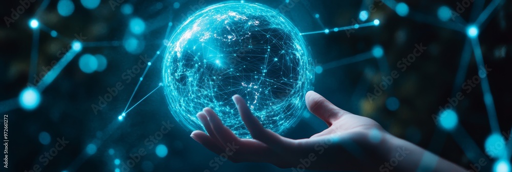 Poster human hand holding a glowing digital globe connected by data points. futuristic technology and globa