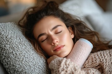 Captivating close-up image of a woman with soft curly hair, exuding peace and calmness while sleeping, suggesting an atmosphere of relaxation and tranquility.