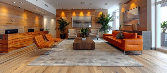 Modern Lobby with Orange Leather Sofa and Wooden Accents