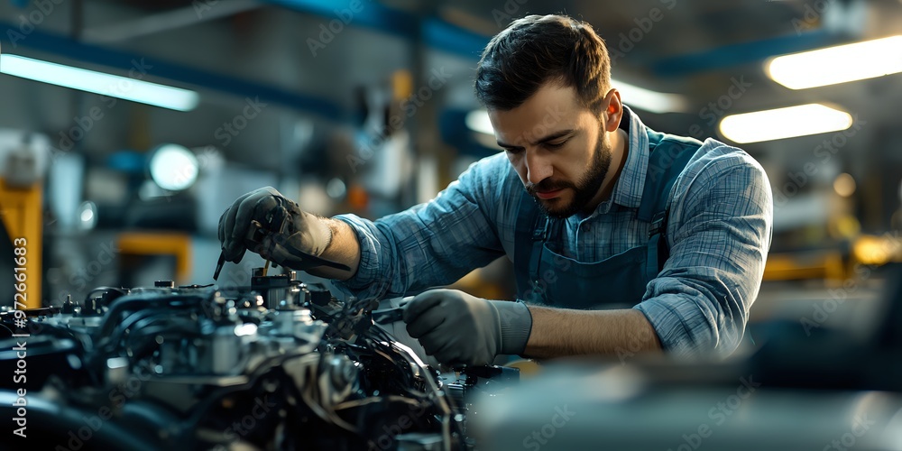 Poster a mechanic works on an engine in a workshop.