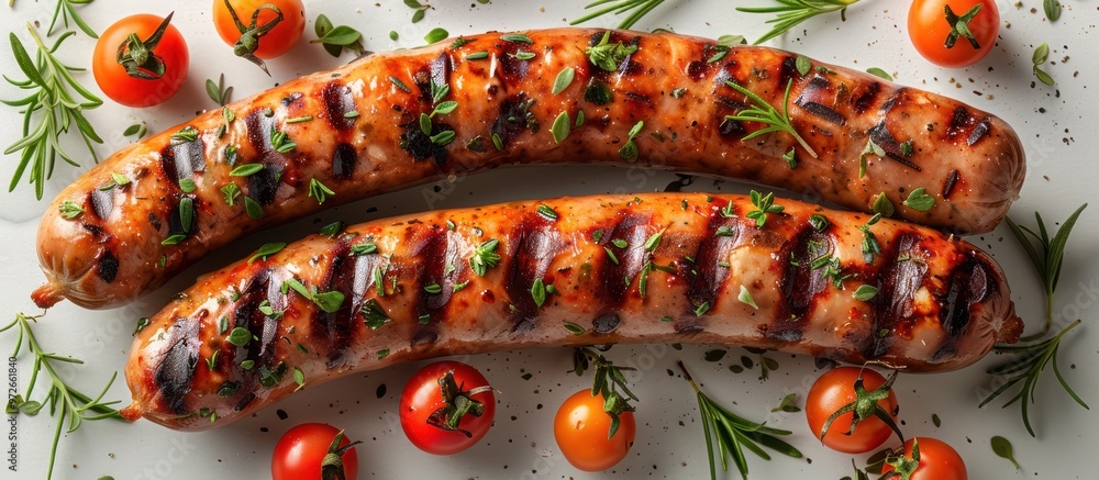 Wall mural Grilled Sausages with Herbs and Cherry Tomatoes